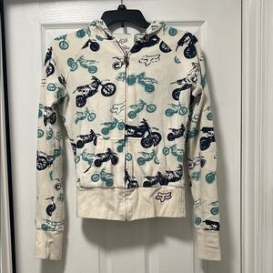 Fox Cream Hoodie with Teal & Navy Motorcycle Print - Reversible